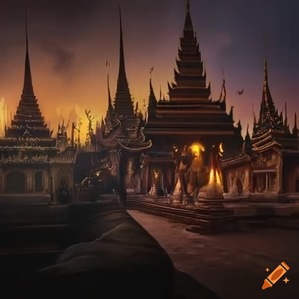 portrait of Burmese Royal palace with dragon guards