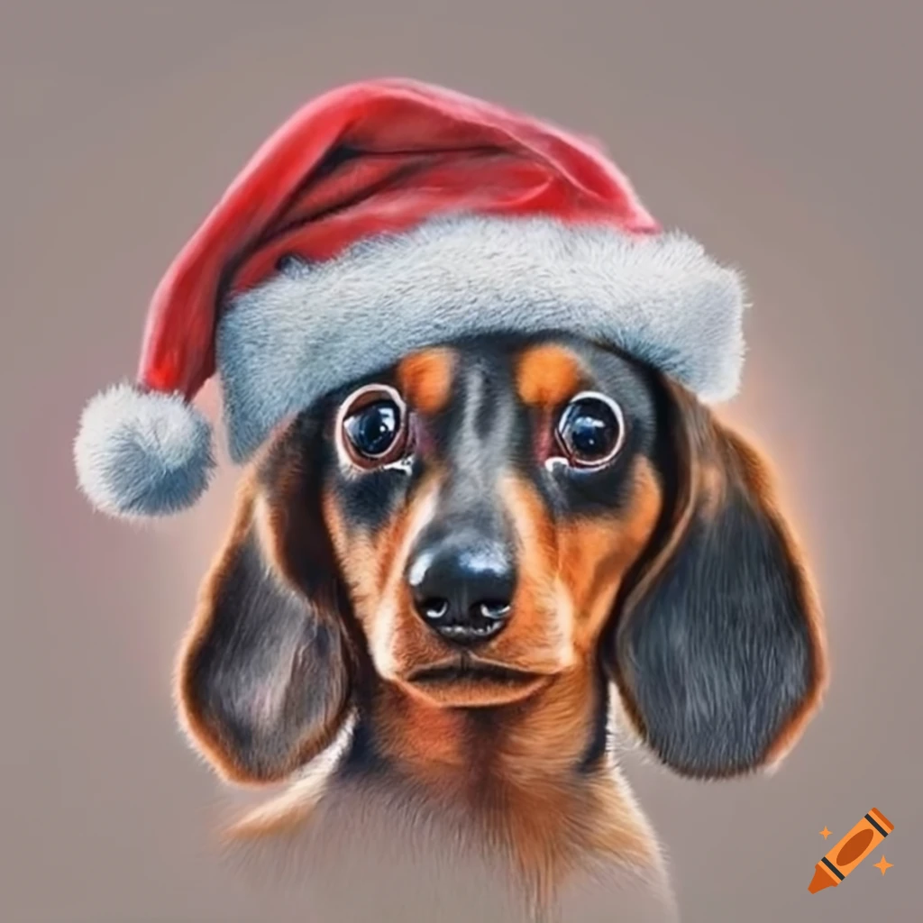 Hyper realistic portrait of a dachshund puppy with santa hat