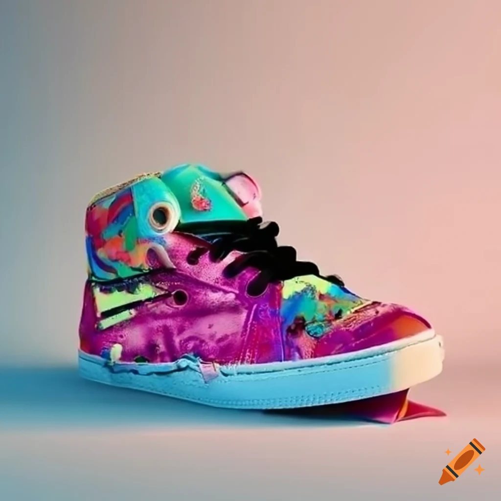 Colorful destroyed skateboard shoe on Craiyon
