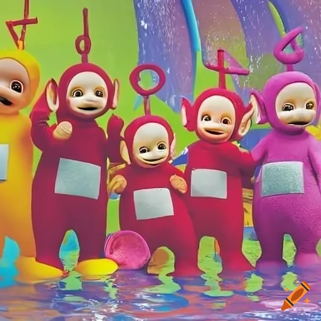 Teletubbies playing in a water park