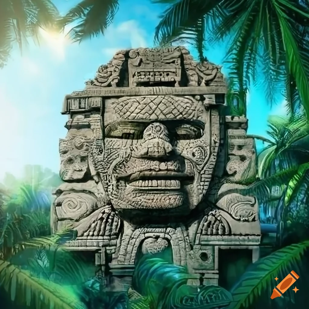 manga-style stone Aztec head in a tropical forest