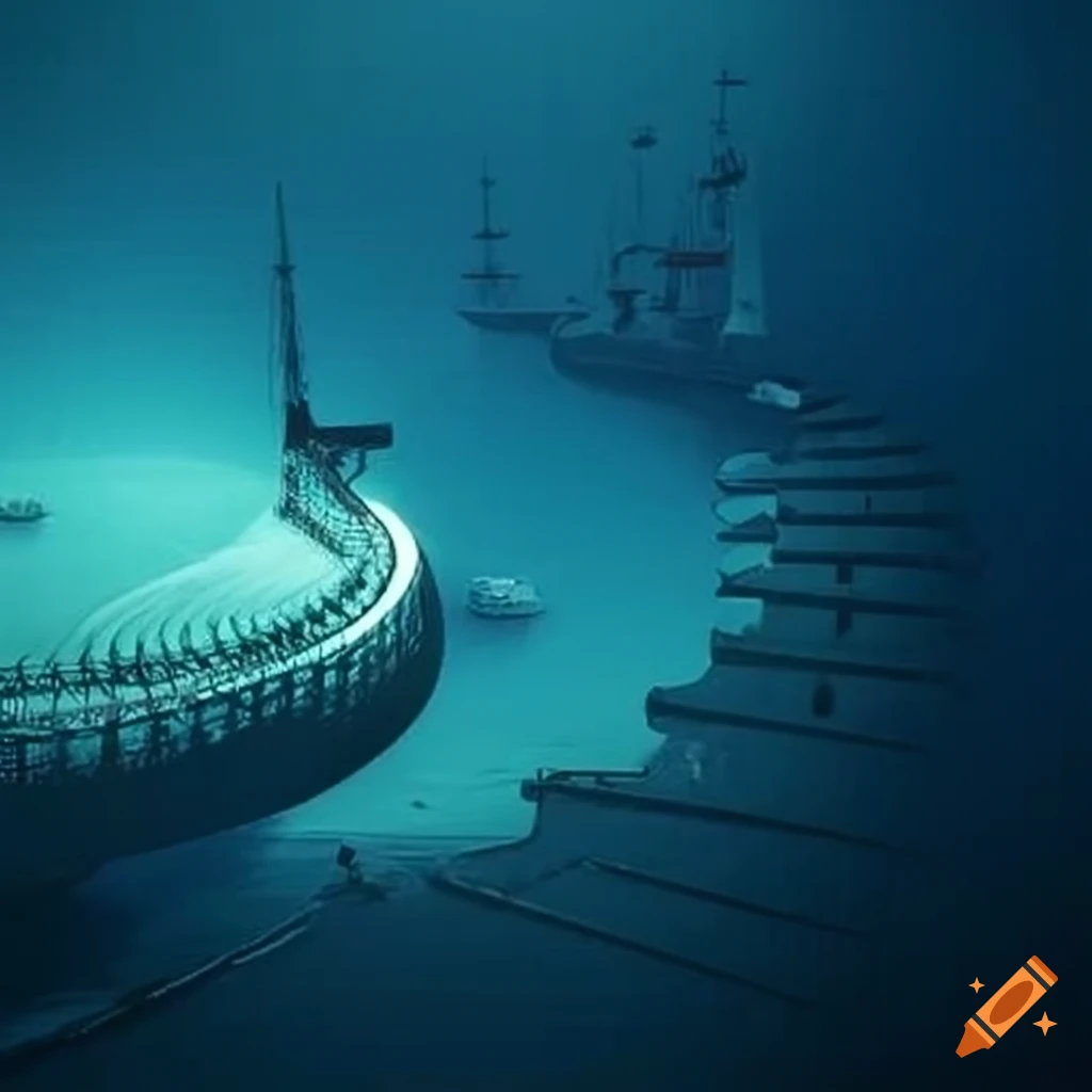 artistic depiction of a spiral-shaped port with ships