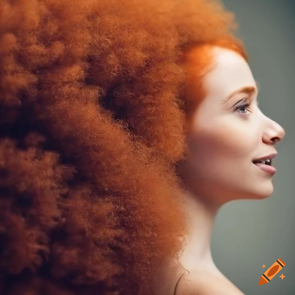 side view of a smiling redhead with afro hair