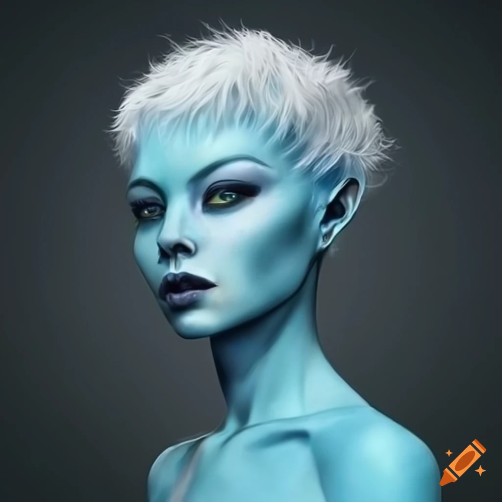 Image Of A Humanoid Alien Woman With White Hair And Sky Blue Skin 