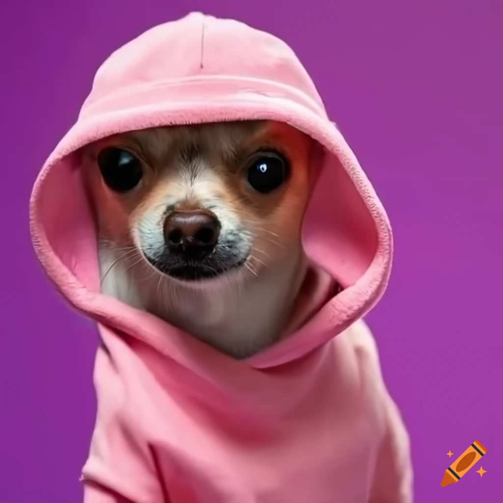 chihuahua with Down syndrome wearing pink hoodie and hat