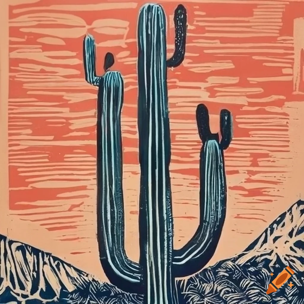 Saguaro cactus linocut print on Craiyon