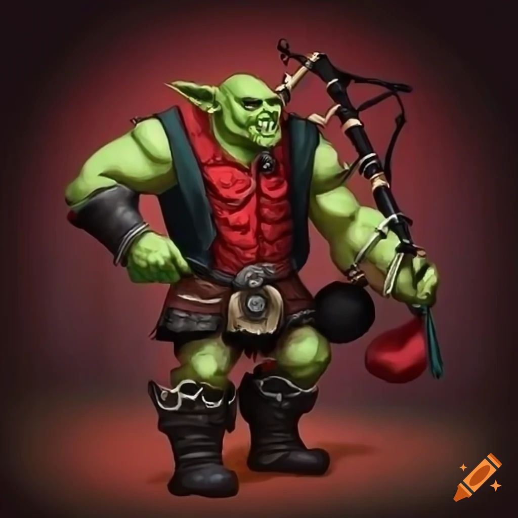 Orf the Orc Bard with bagpipes