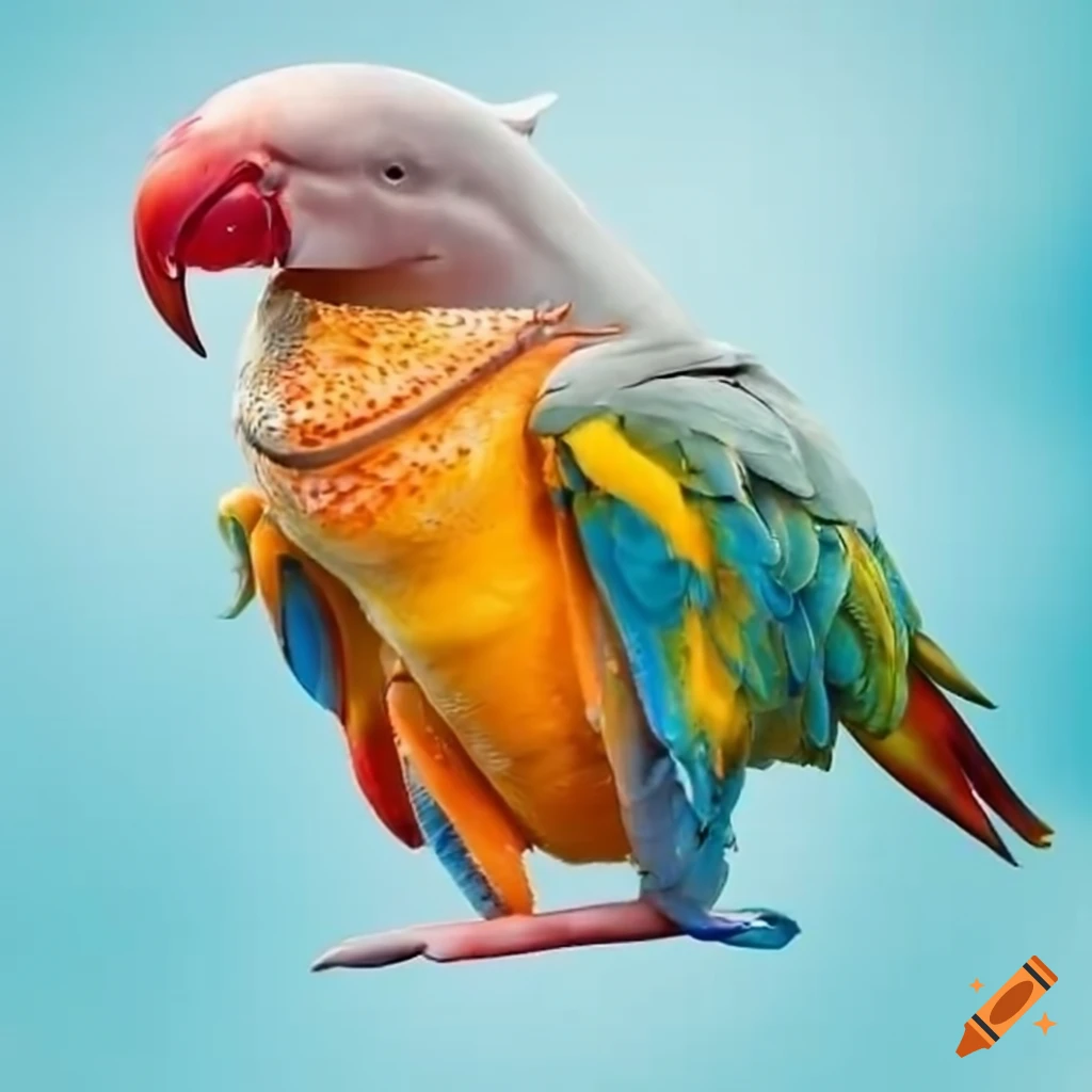 artistic illustration of a hybrid animal with a crab, dolphin, and parrot