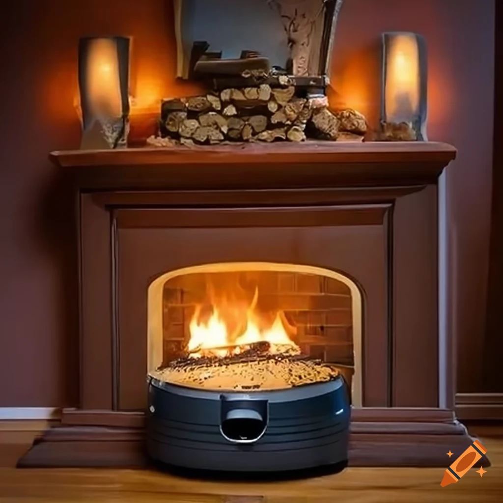 cozy room with fireplace and robot vacuum cleaner logs