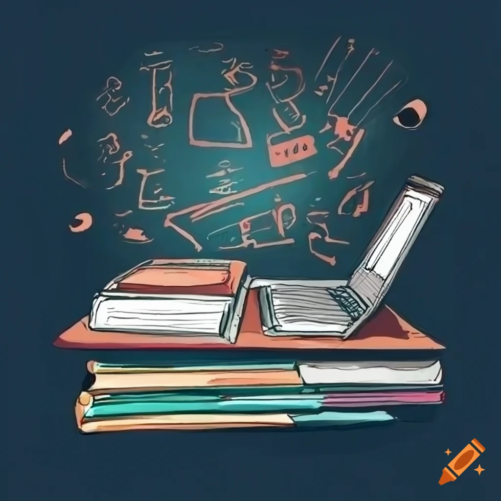 sketch of a cluttered desk in a lab