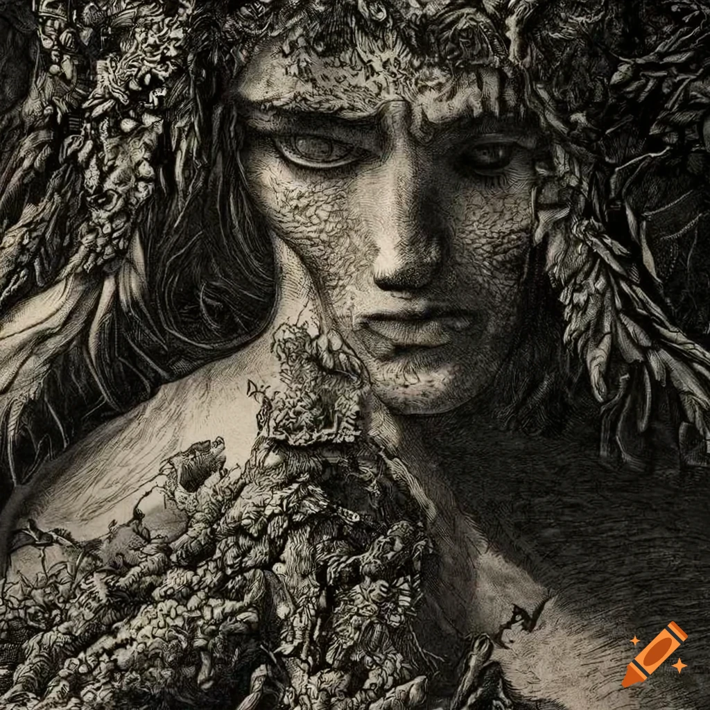 Surreal engraving of teenage boys made of tree bark