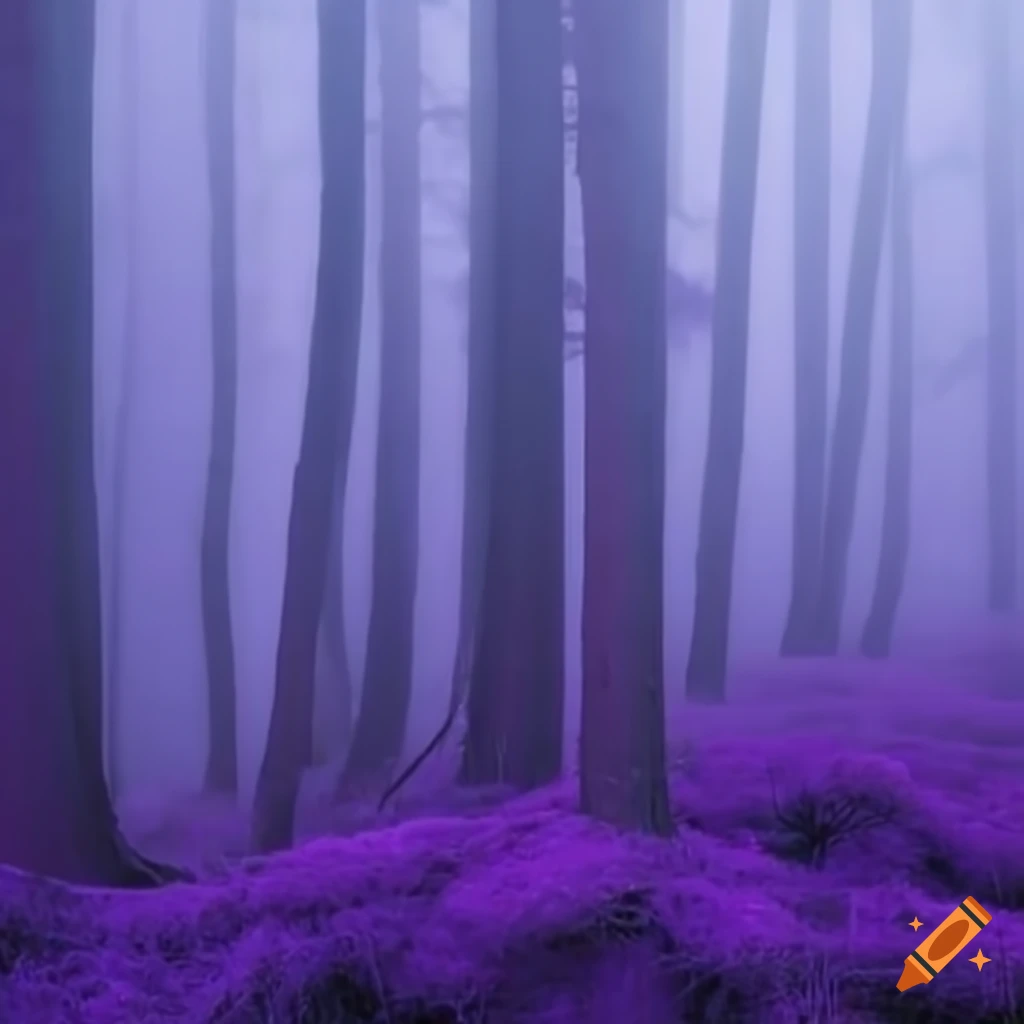 Mysterious purple pine trees in fog on Craiyon