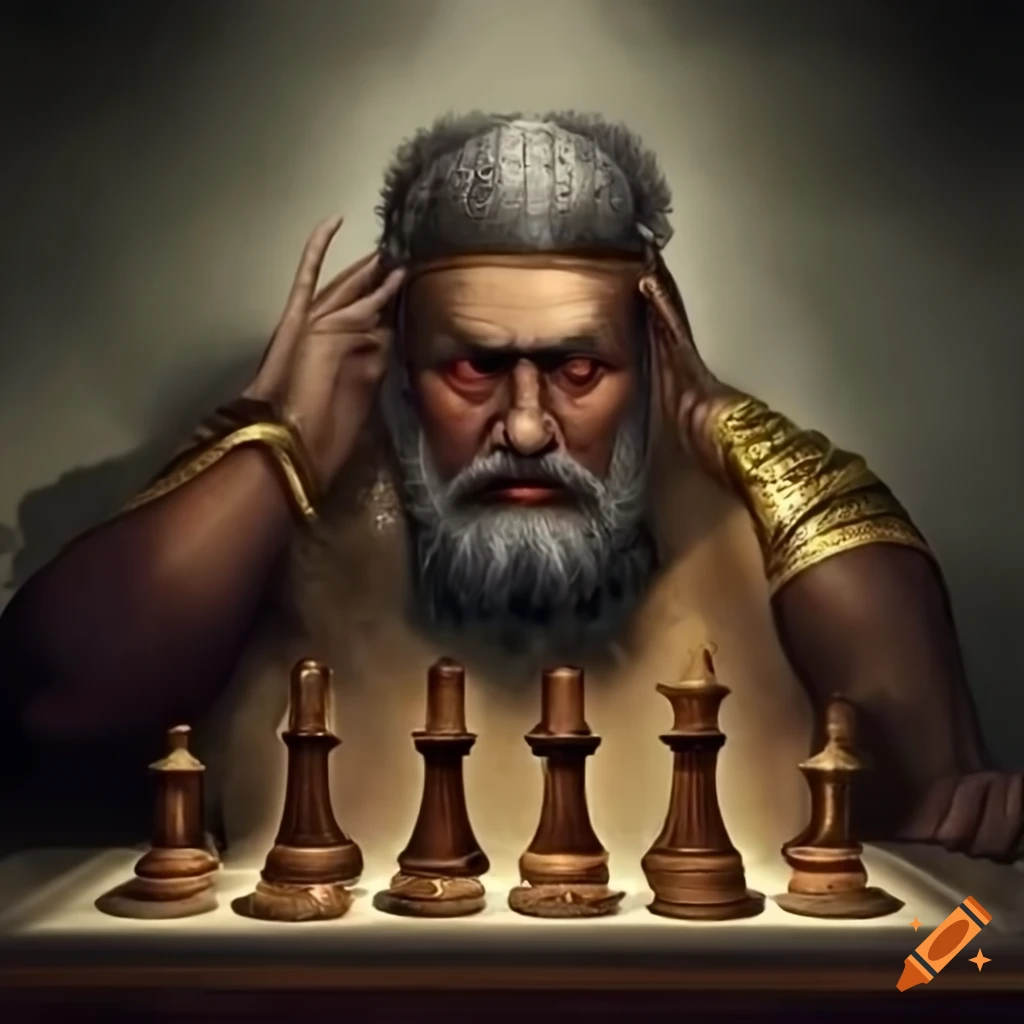 Plato playing chess in ancient Greek attire
