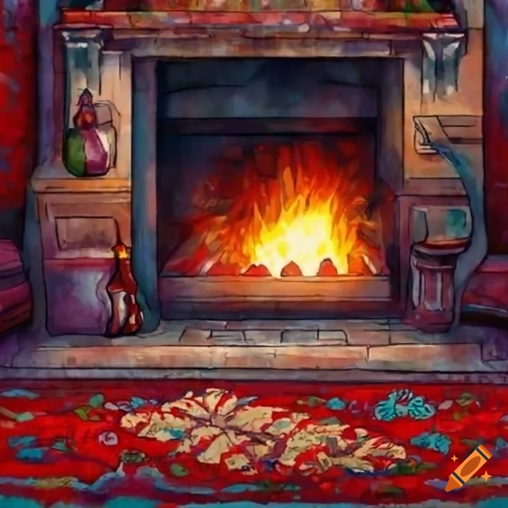 anime-style Christmas scene by the fireplace