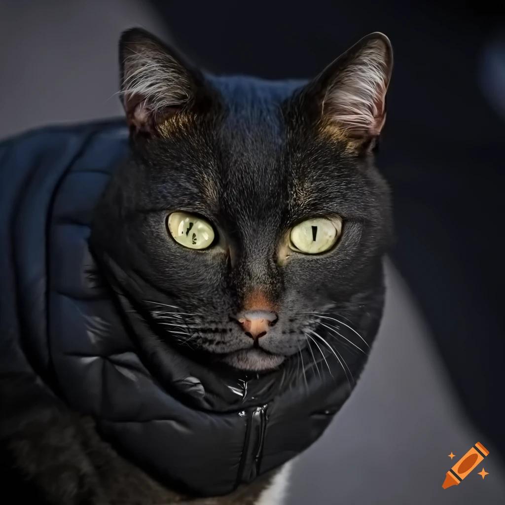 Closeup of a cat wearing a black puffer jacket on a london street on
