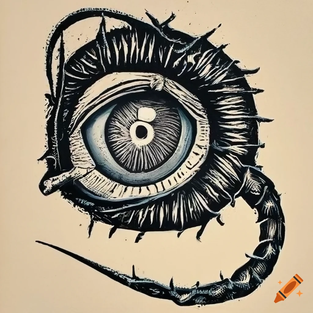 lino print of an open eye with a barbed fishhook