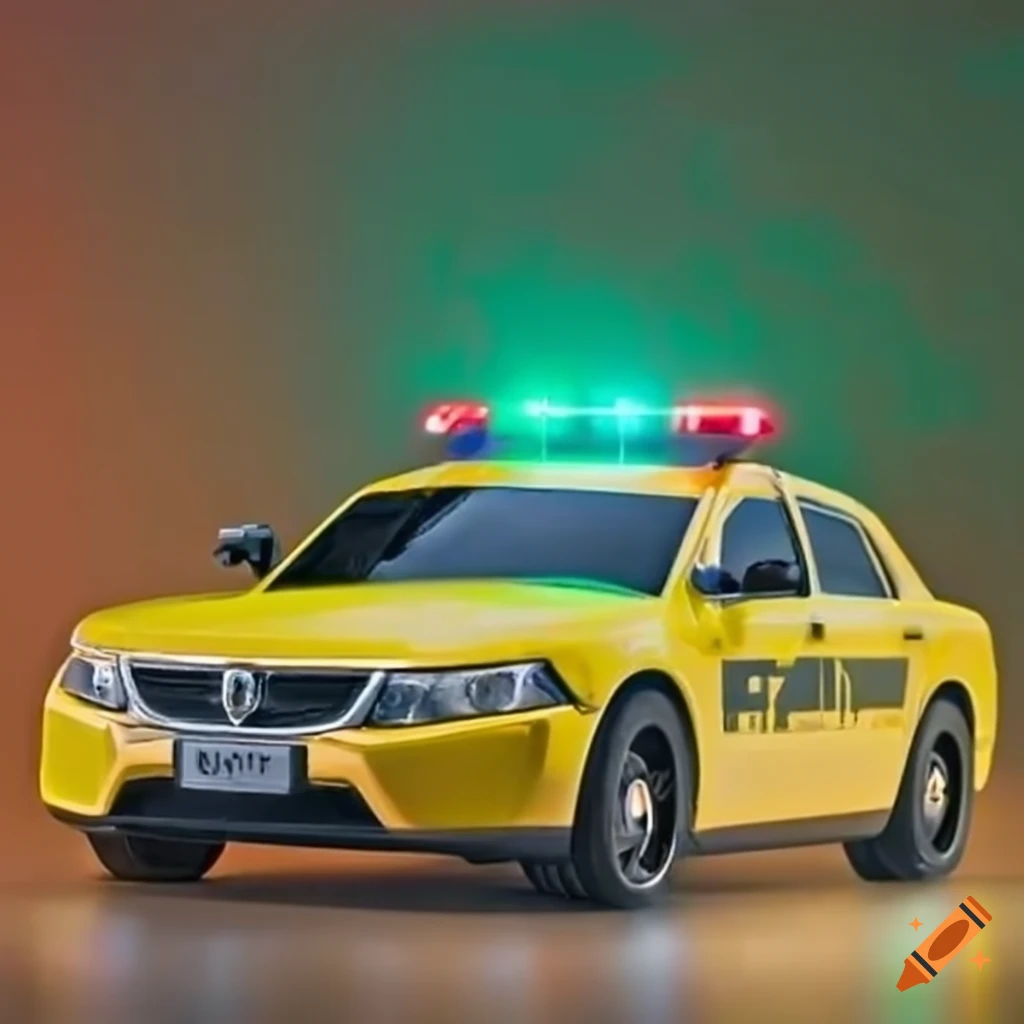 Yellow security patrolcar with green flashing lights