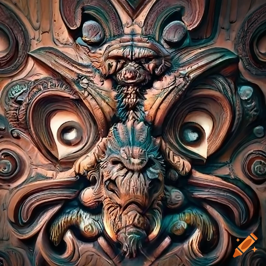 detailed carving of a moth werewolf motif