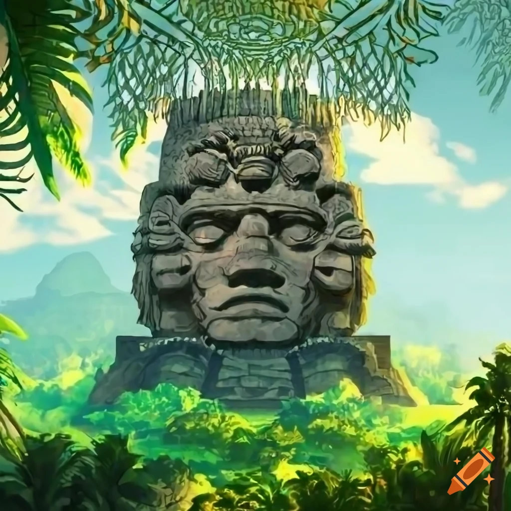 manga style Aztec head monument in a tropical forest