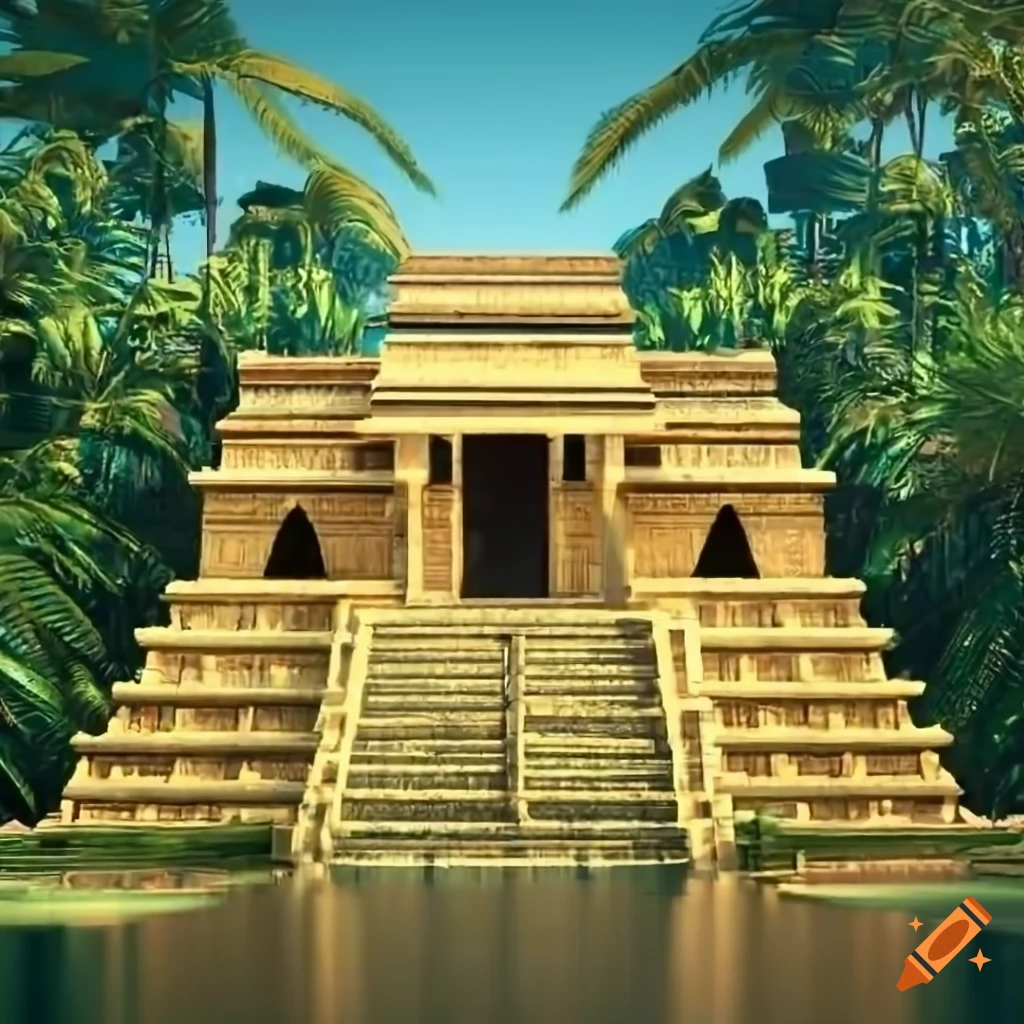 3d rendering of a golden aztec temple in a tropical forest on Craiyon