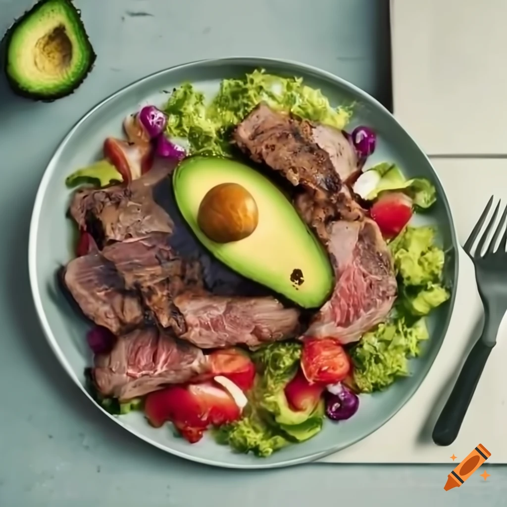 platillo de carne asada with avocado, chicharron, bacon, and salad
