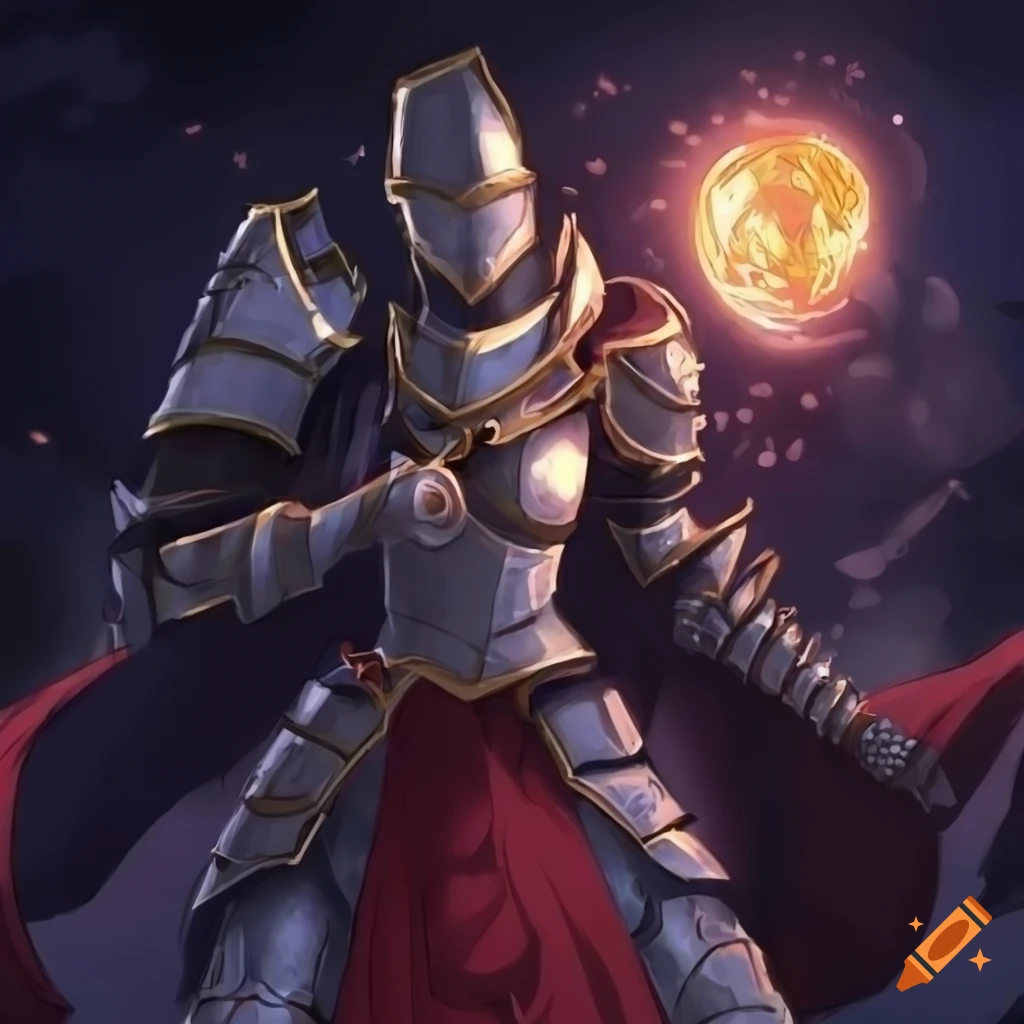 anime-style knight and guard captain by the fire