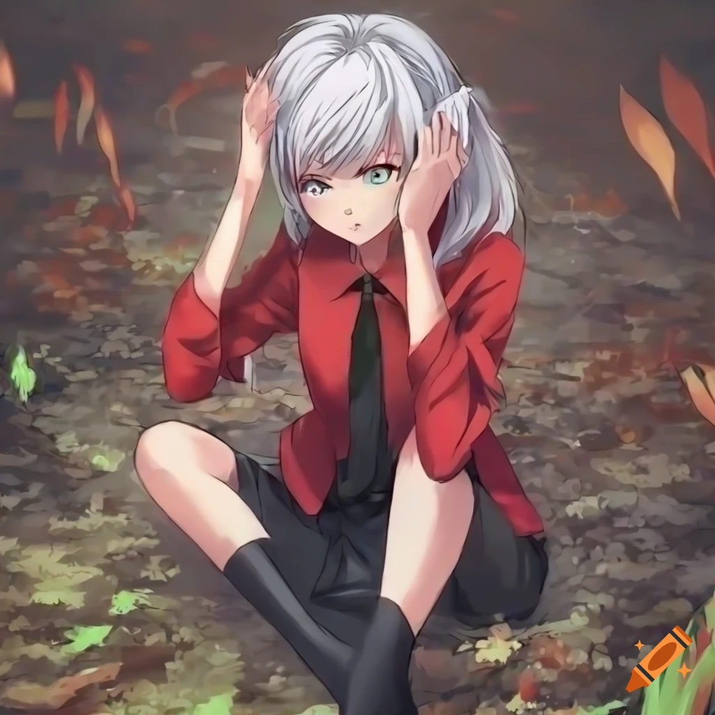 Anime girl with white hair, green eyes, and red shirt in a forest on ...