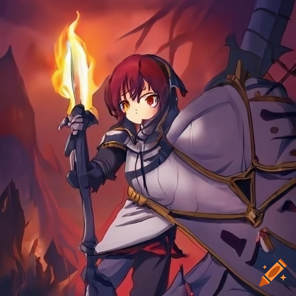 anime-style knight and guard captain by the fire