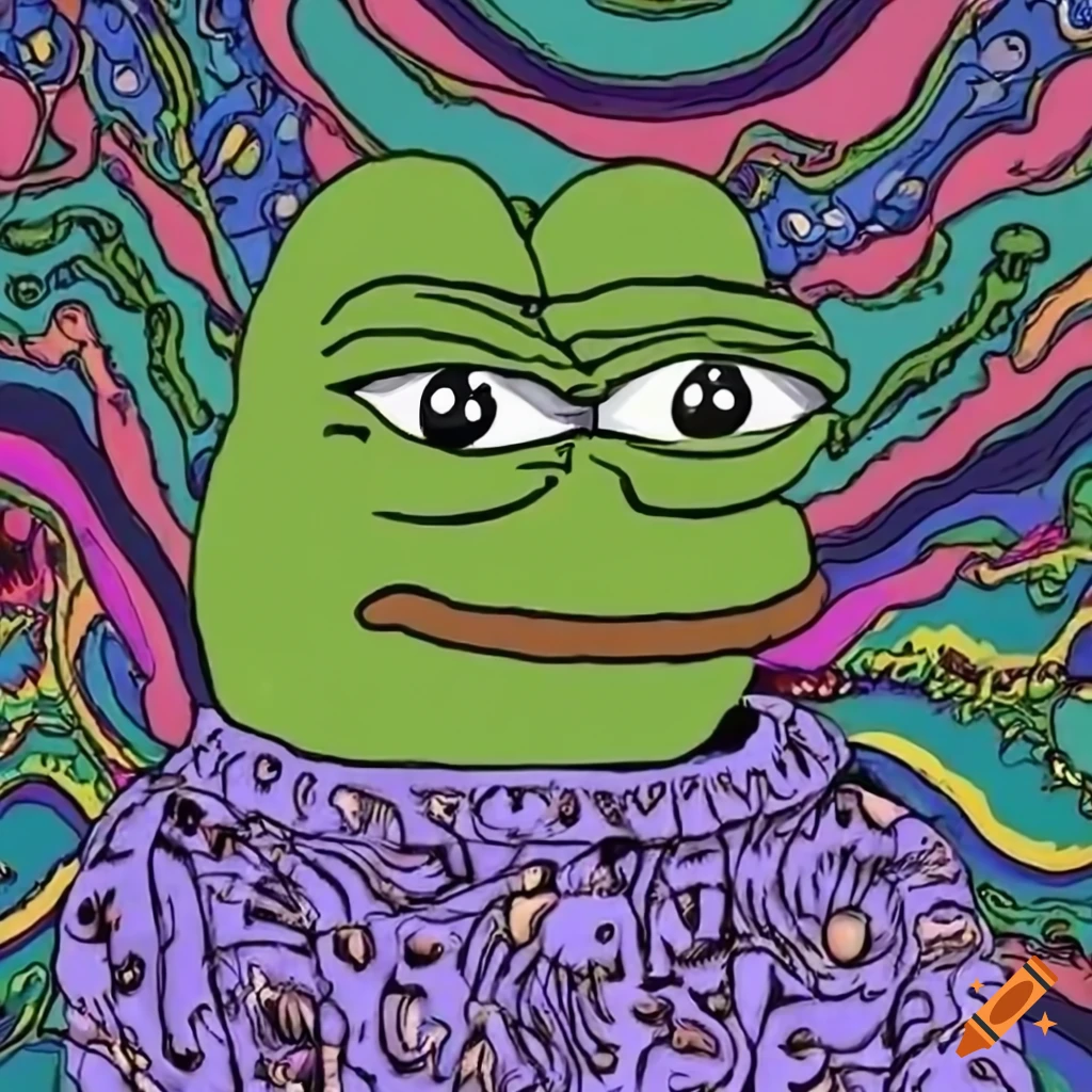 Psychedelic artwork of pepe the frog with daisies