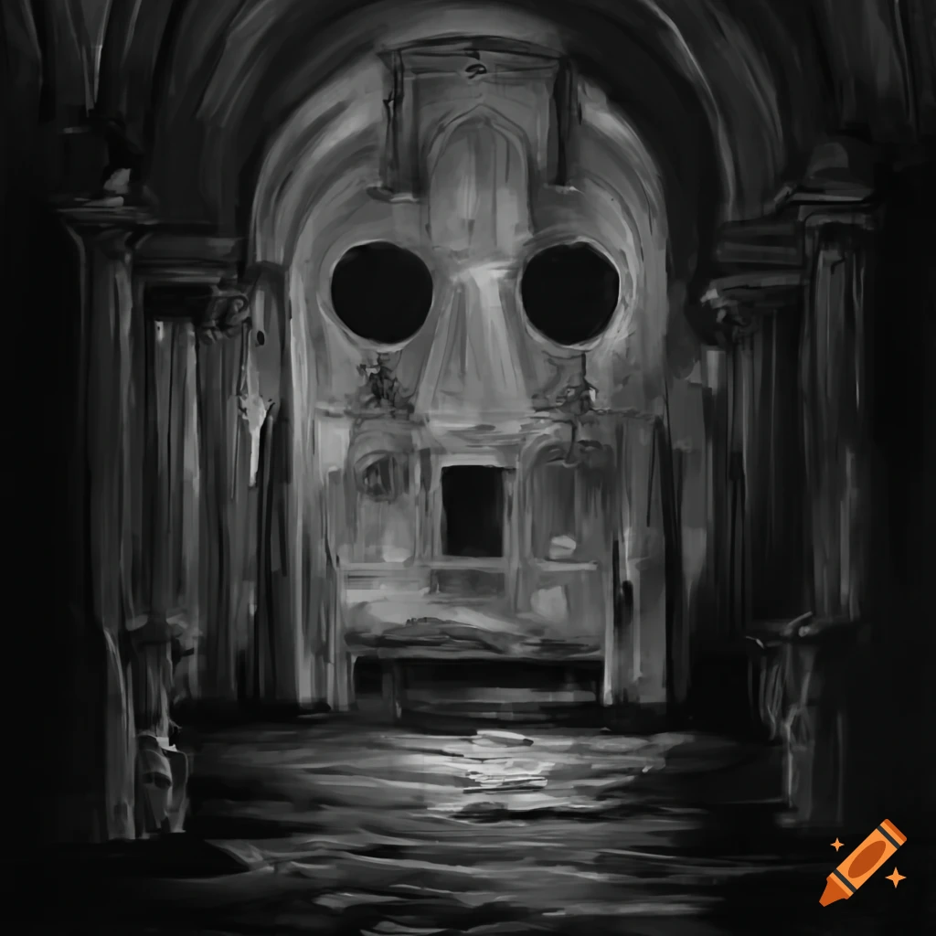creepy black and white drawing of an ancient temple with hidden lab