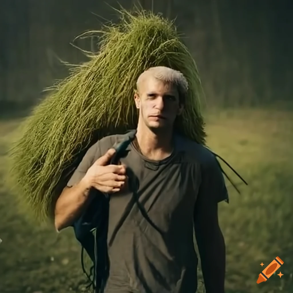 man carrying a heavy grass bundle on his shoulder