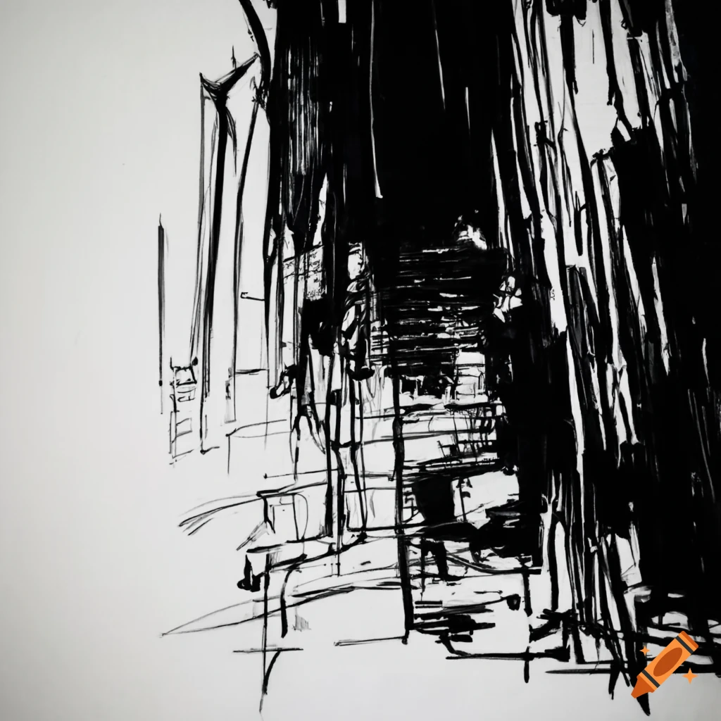 black and white pen drawing of the inside of a piano