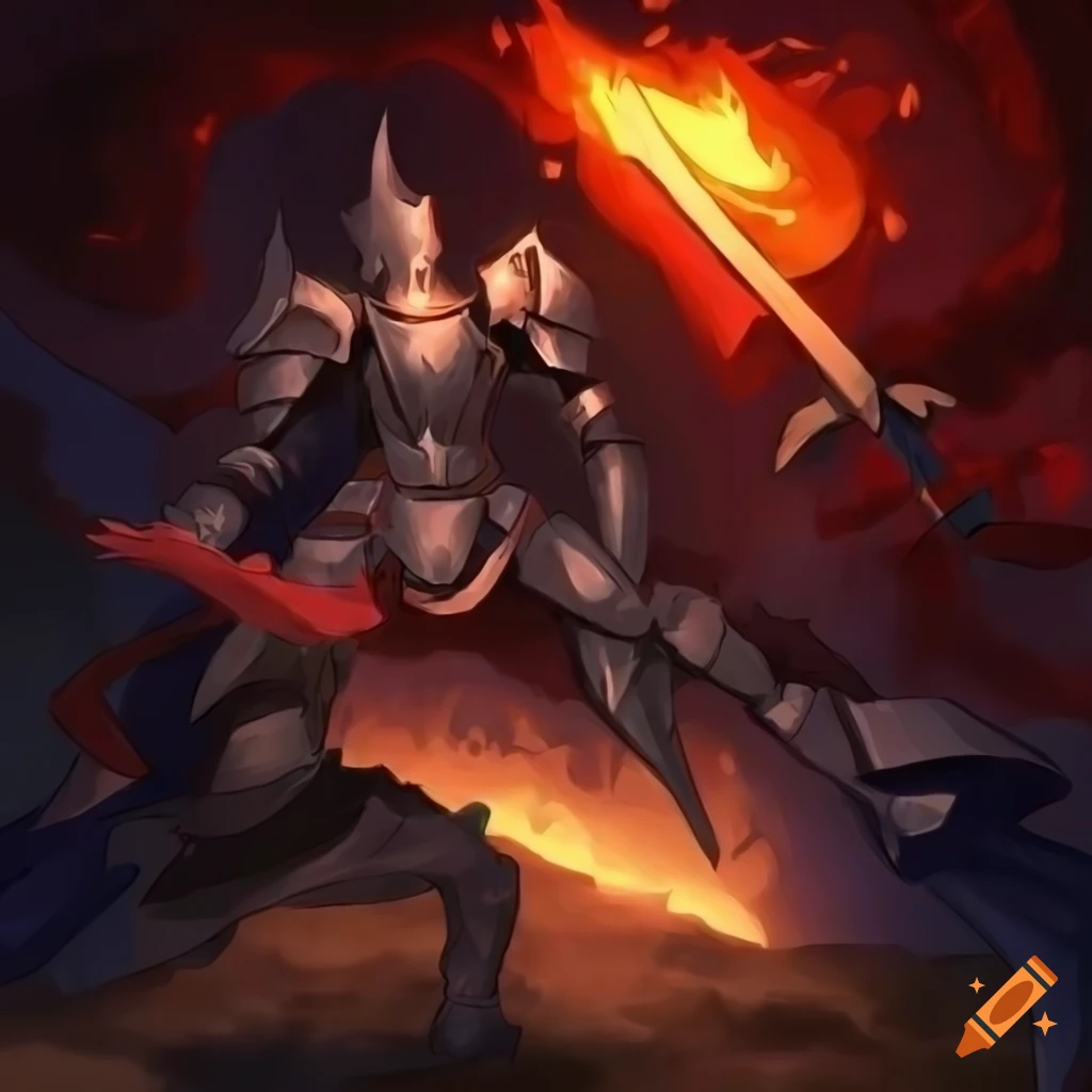 anime-style knight and guard captain by the fire