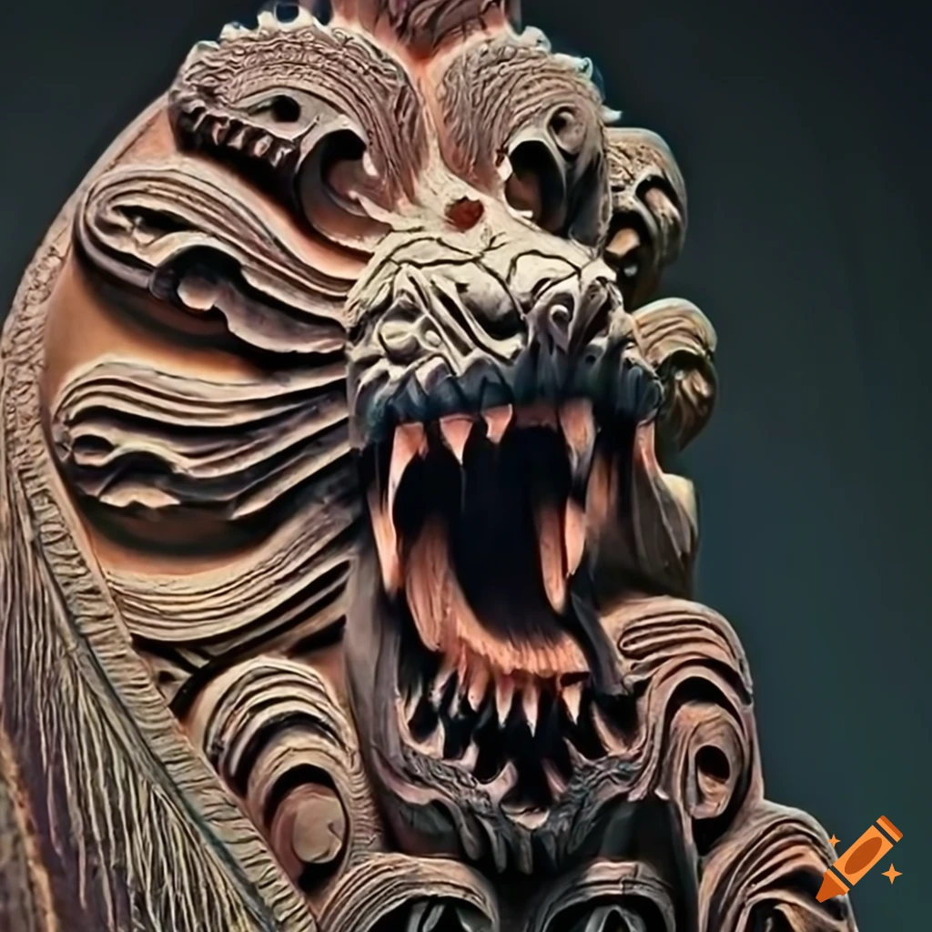 detailed moth werewolf carving in architectural style