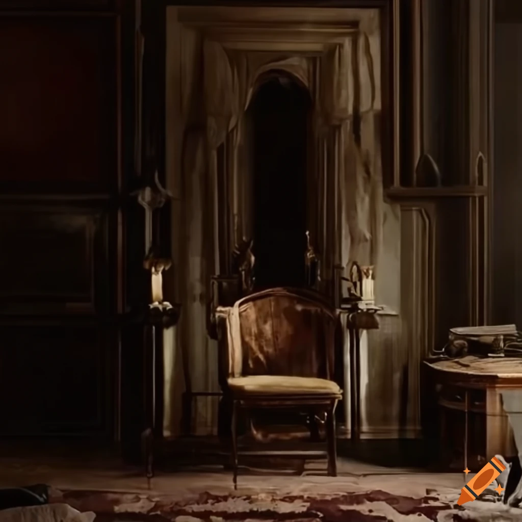 painting of a chairless dark academia living room