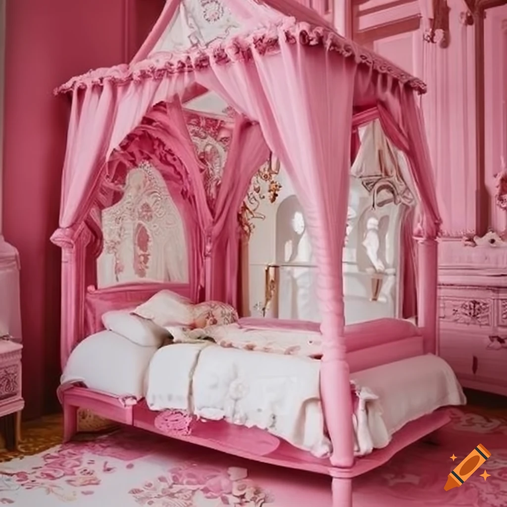 Pink dollhouse bedroom with canopy bed on Craiyon