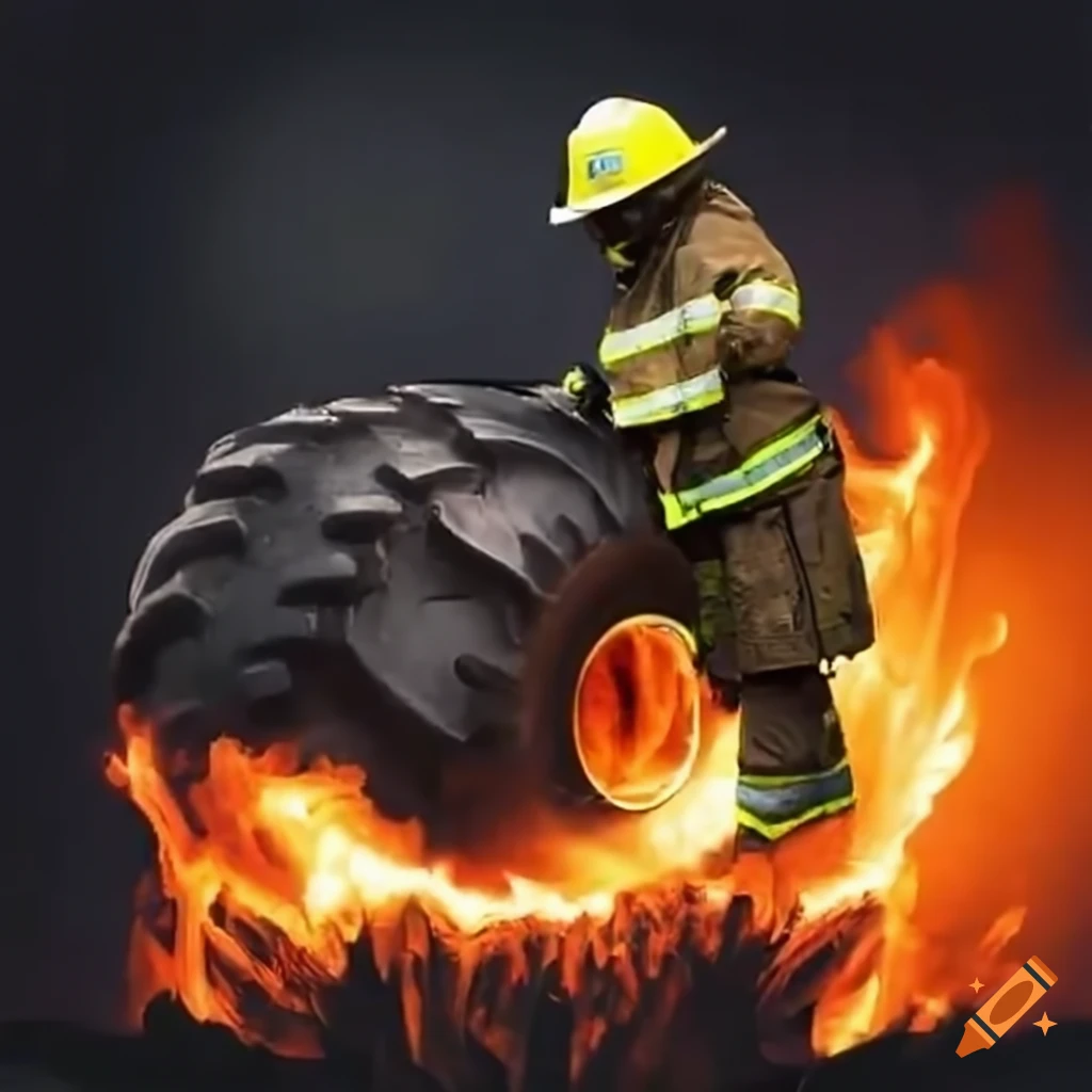 Firefighter standing on burning tractor tire