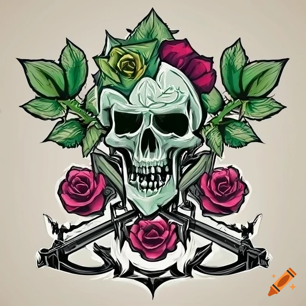 stylized illustration of a skull with roses and weapons
