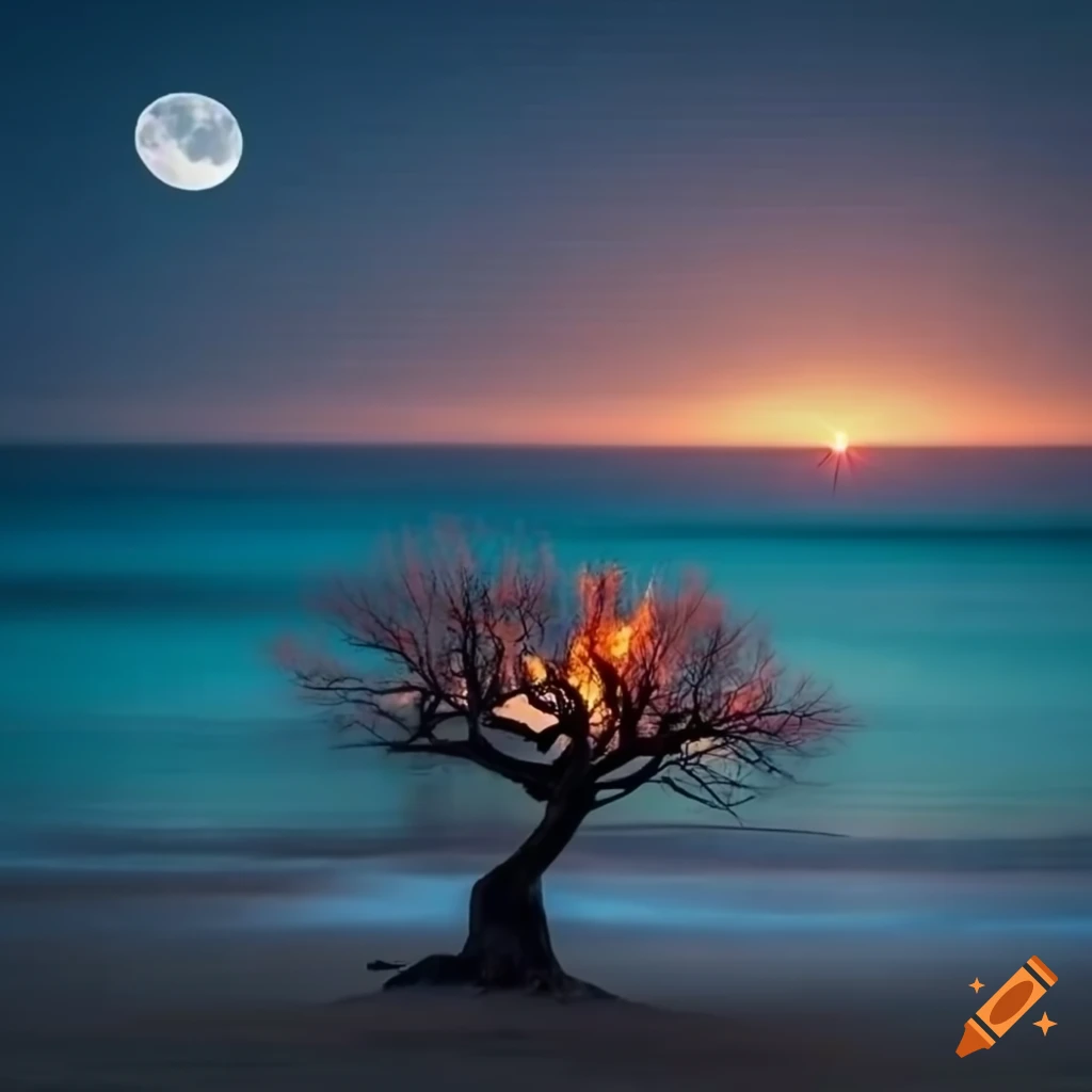 Nighttime scene of a burning tree by the ocean on Craiyon