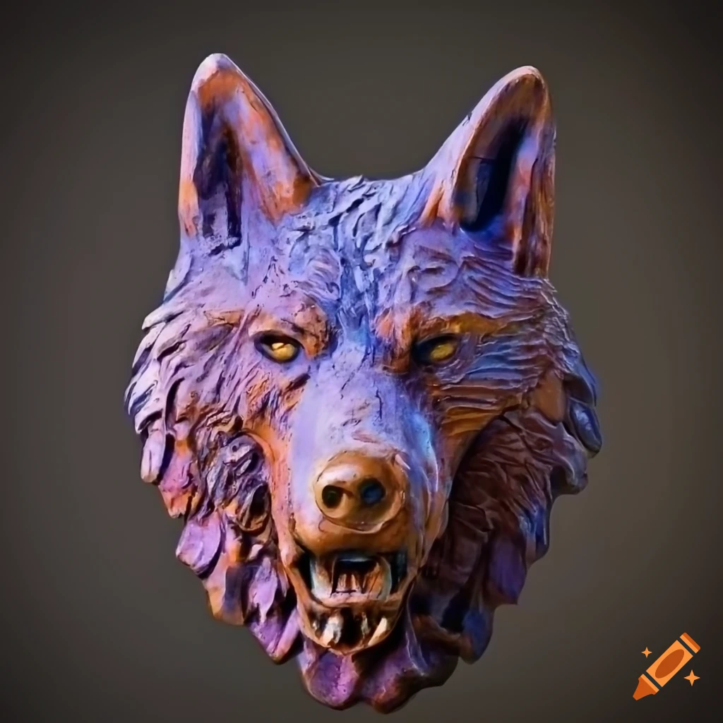 Purple rusted metal wolf head sculpture
