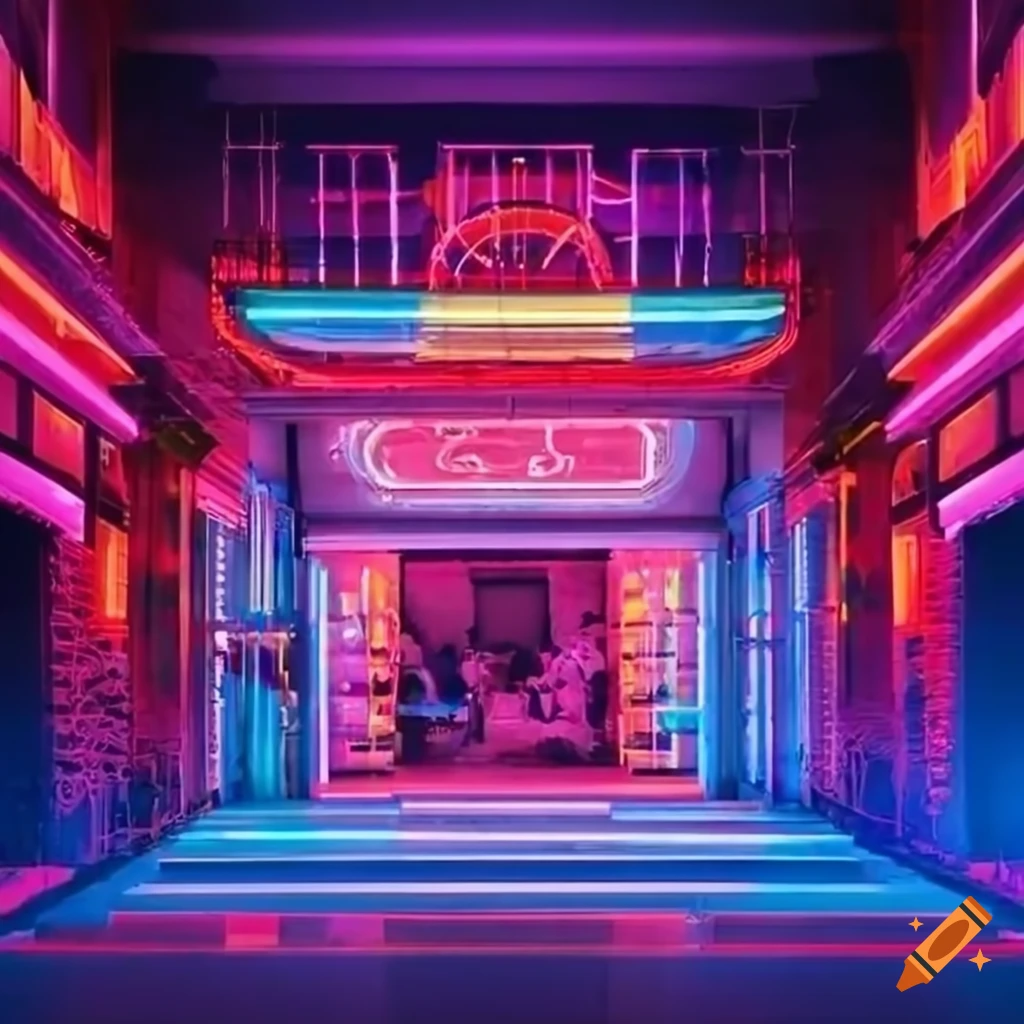 Neon lights illuminating a facade on Craiyon