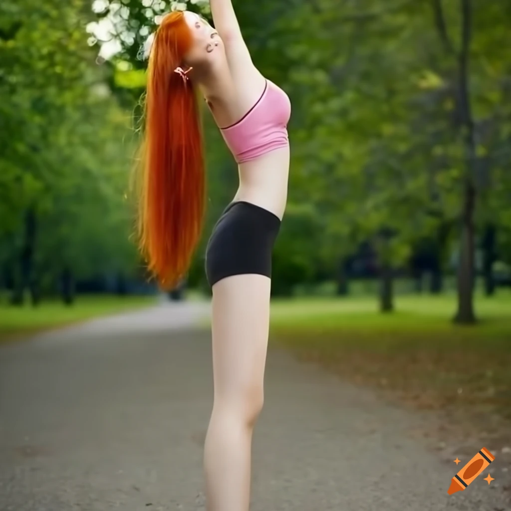 red-haired woman in yoga shorts in a city park