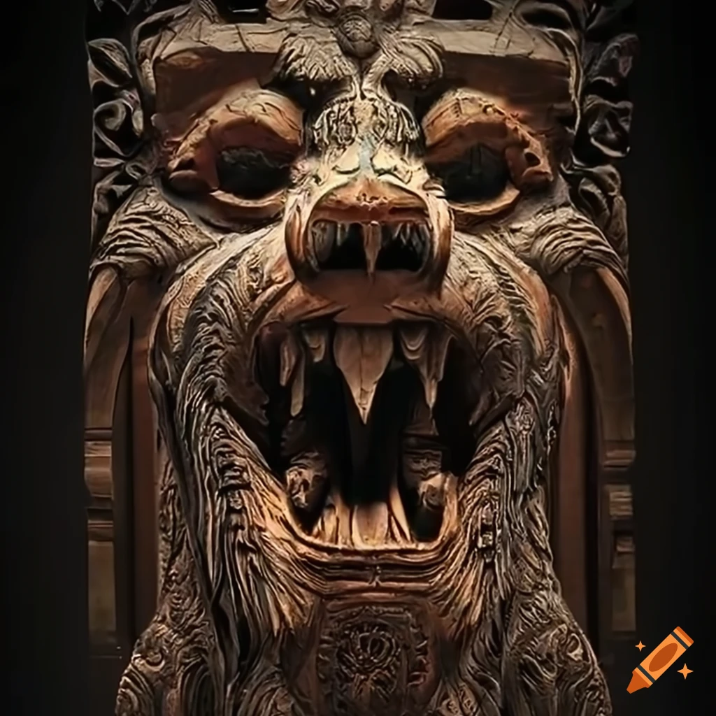 'Architectural Stave carving' style artwork with moth werewolf motif