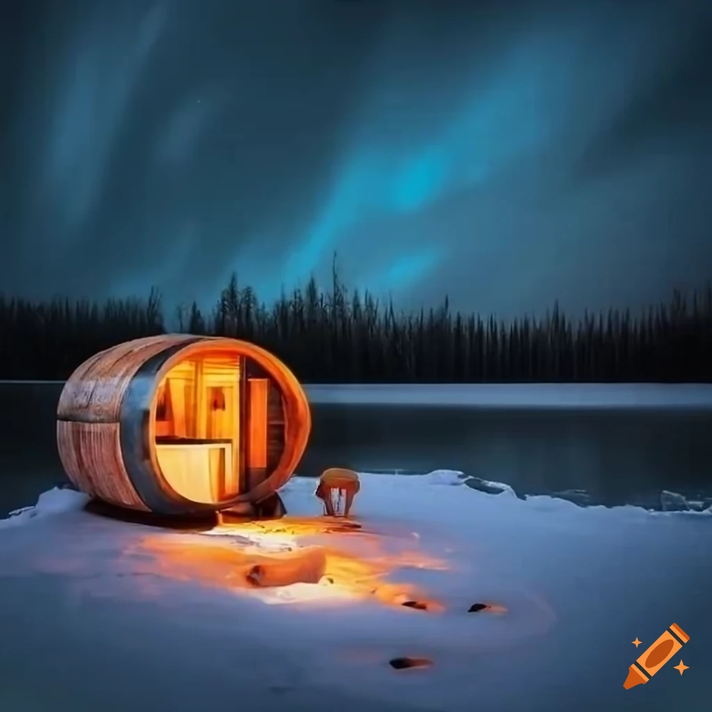 night view of a sauna near a frozen lake