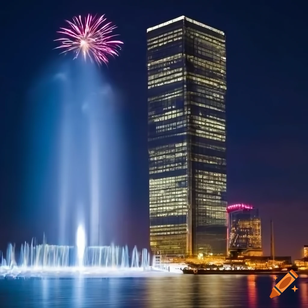 night view of a skyscraper with a fountain and fireworks
