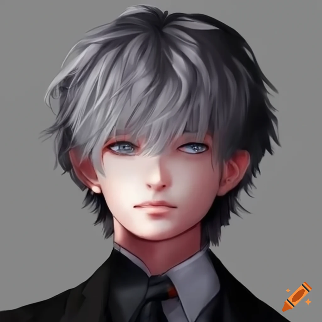 boy in black suit with red tie and blue eye