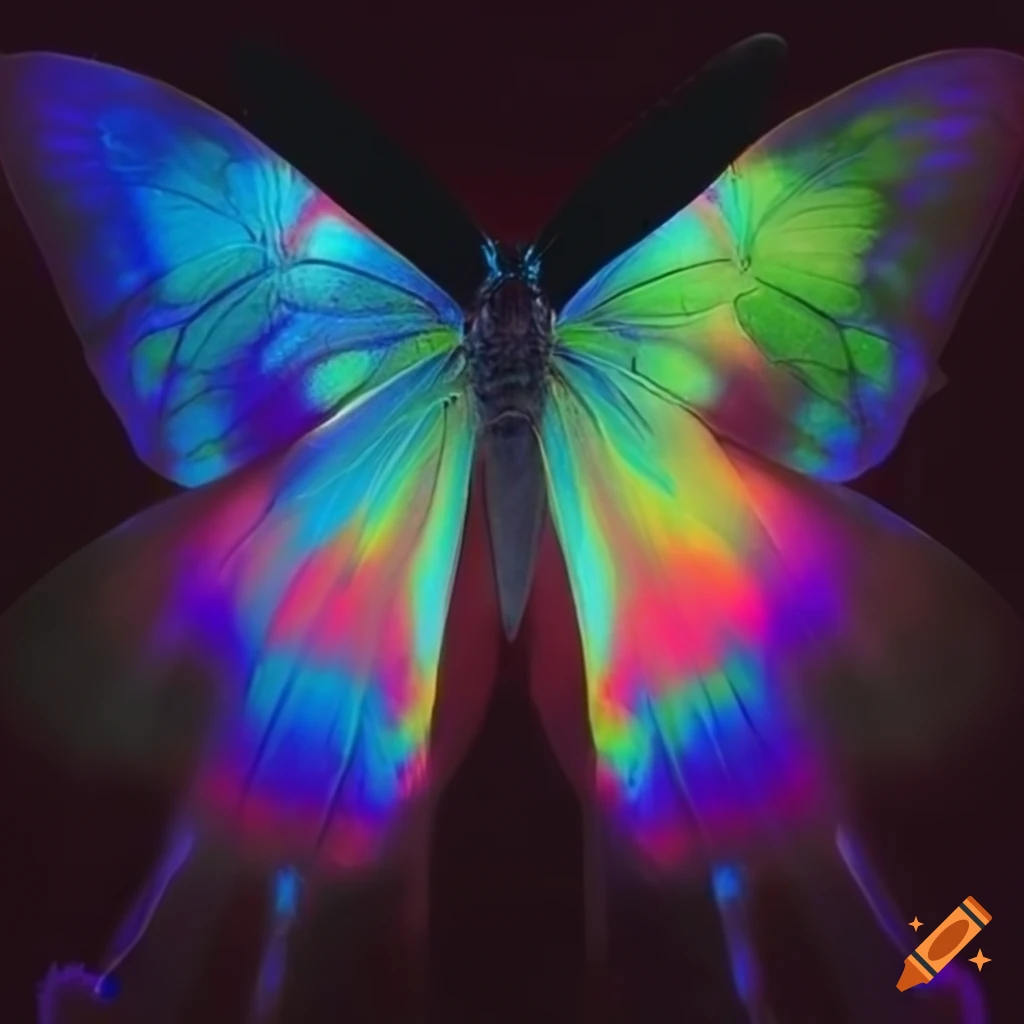 rainbow butterfly with a glowing aura on black background