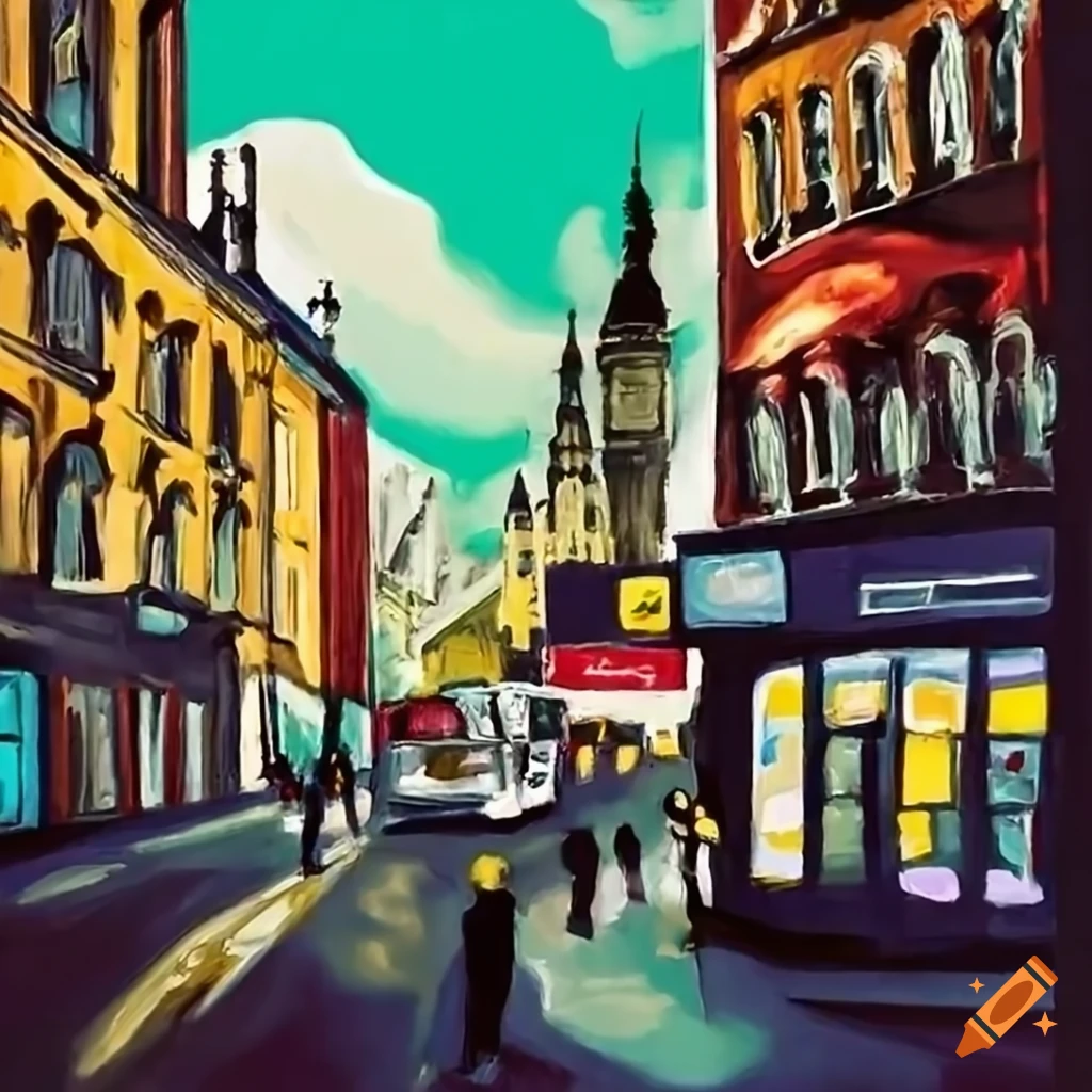 Artistic depiction of a busy london street