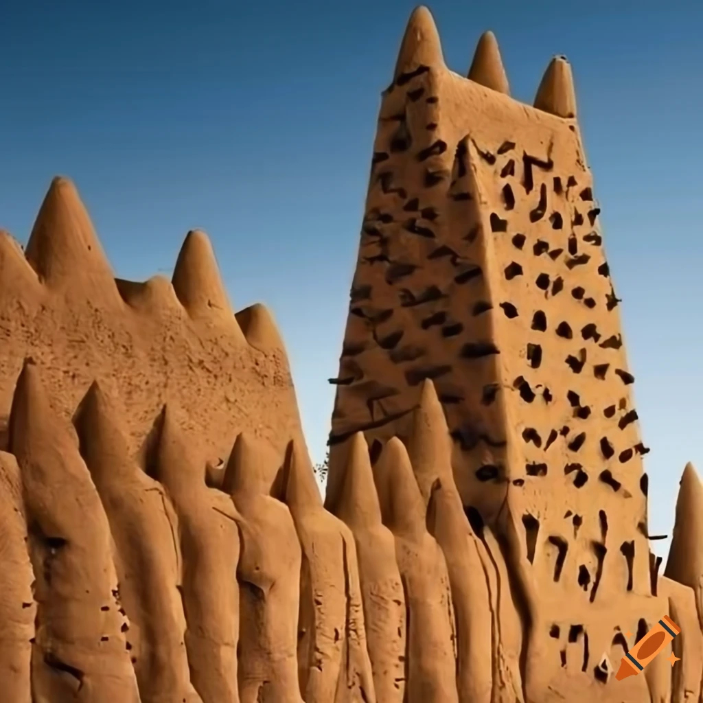 mud brick mosque with wooden beams in Timbuktu