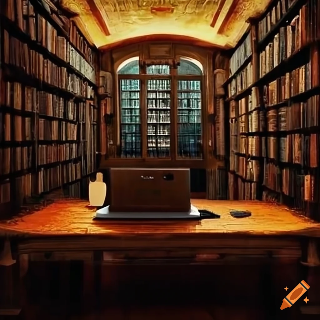 image of a creepy giant library with a desk